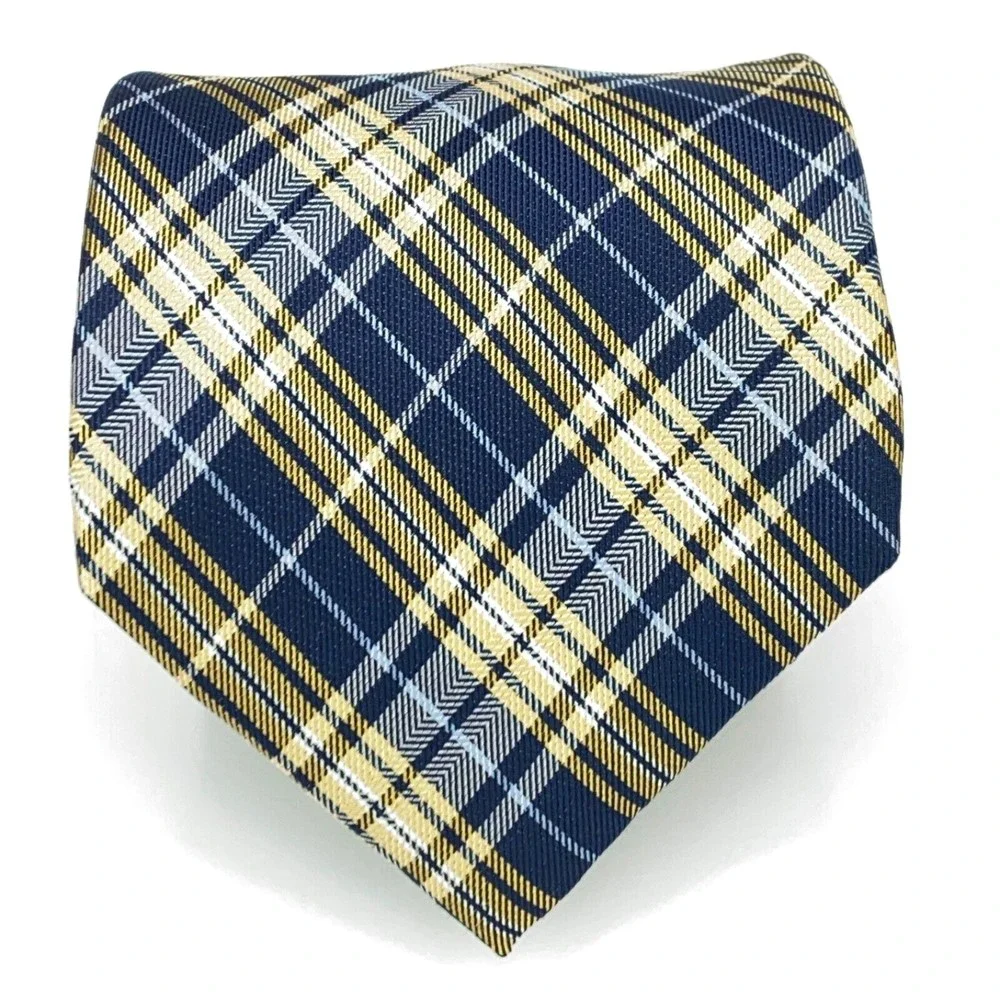 CHAPS Tie Navy & Light Blue Yellow Plaid Striped 100% Silk Hand Made Necktie 58